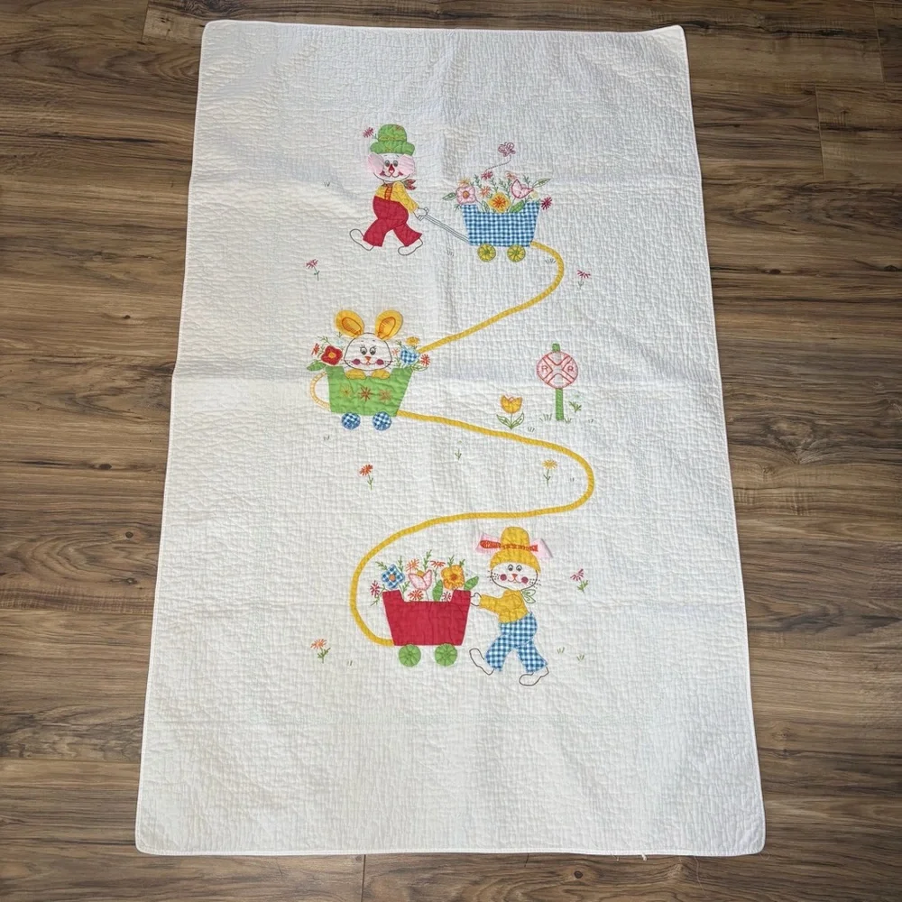 Vintage‎ Bunny Rabbit Baby Blanket Crib Hand Embroidered 55.5x34 3D Ears Easter